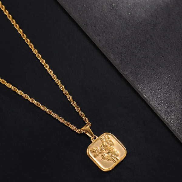 Set of rope chain with rose pendant made of stainless steel 18K gold-plated