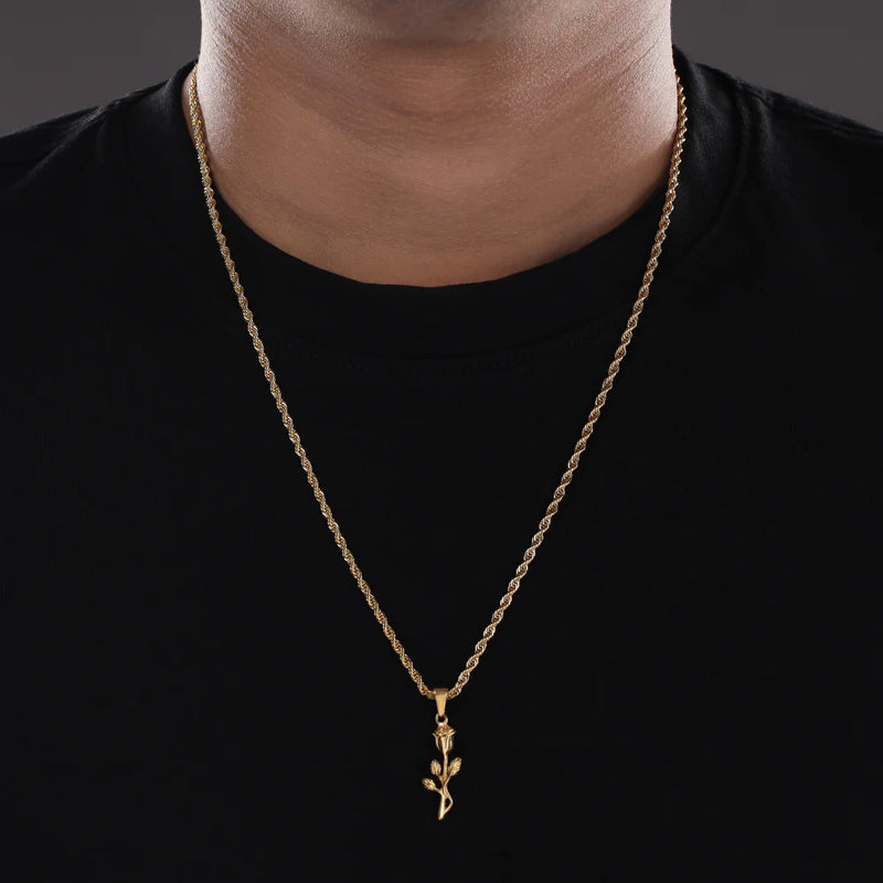 Set of rope chain with rose pendant made of stainless steel 18K gold-plated