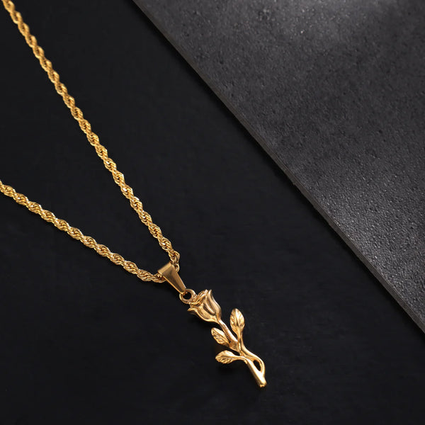 Set of rope chain with rose pendant made of stainless steel 18K gold-plated