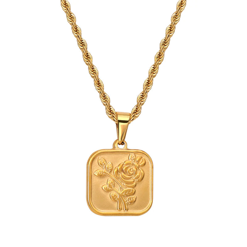 Set of rope chain with rose pendant made of stainless steel 18K gold-plated