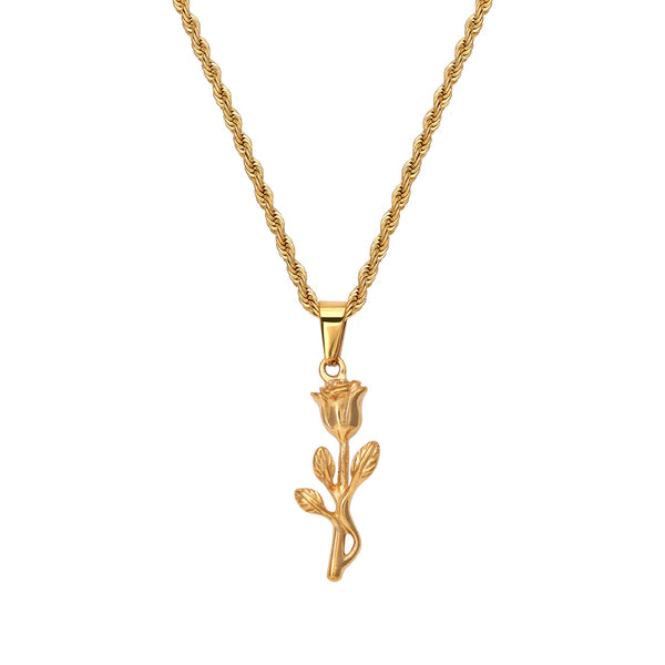 Set of rope chain with rose pendant made of stainless steel 18K gold-plated